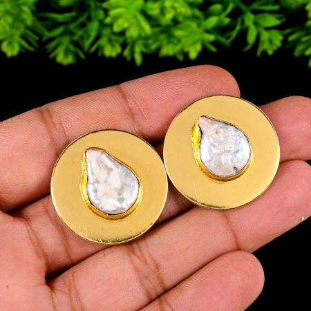 Handmade Brass Round Stud Earrings with Baroque Pearl Stones and 22k Gold Plating